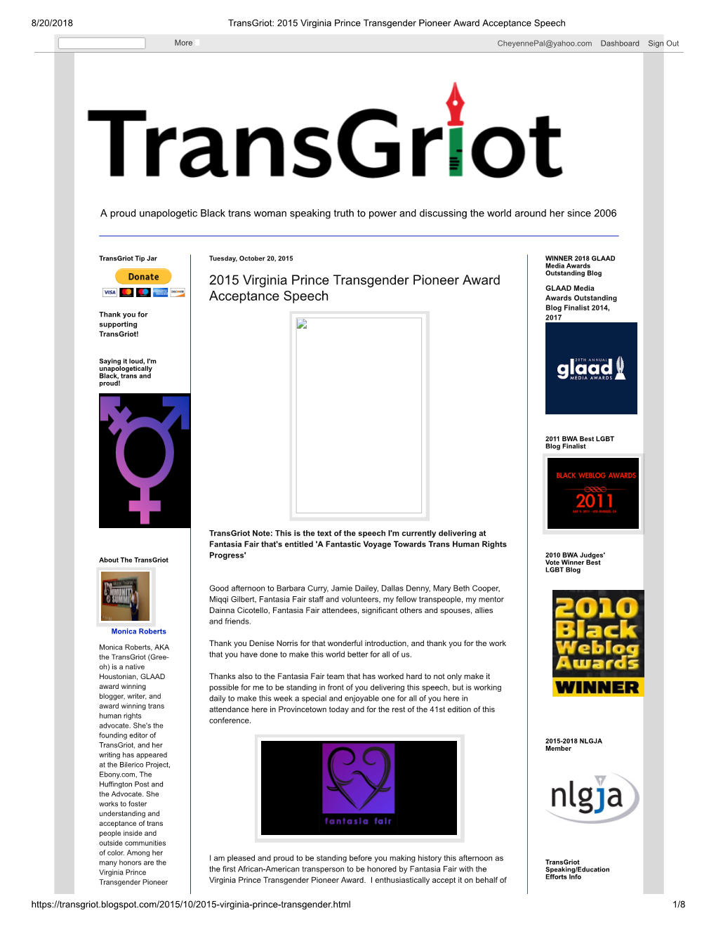 2015 Virginia Prince Transgender Pioneer Award Acceptance Speech