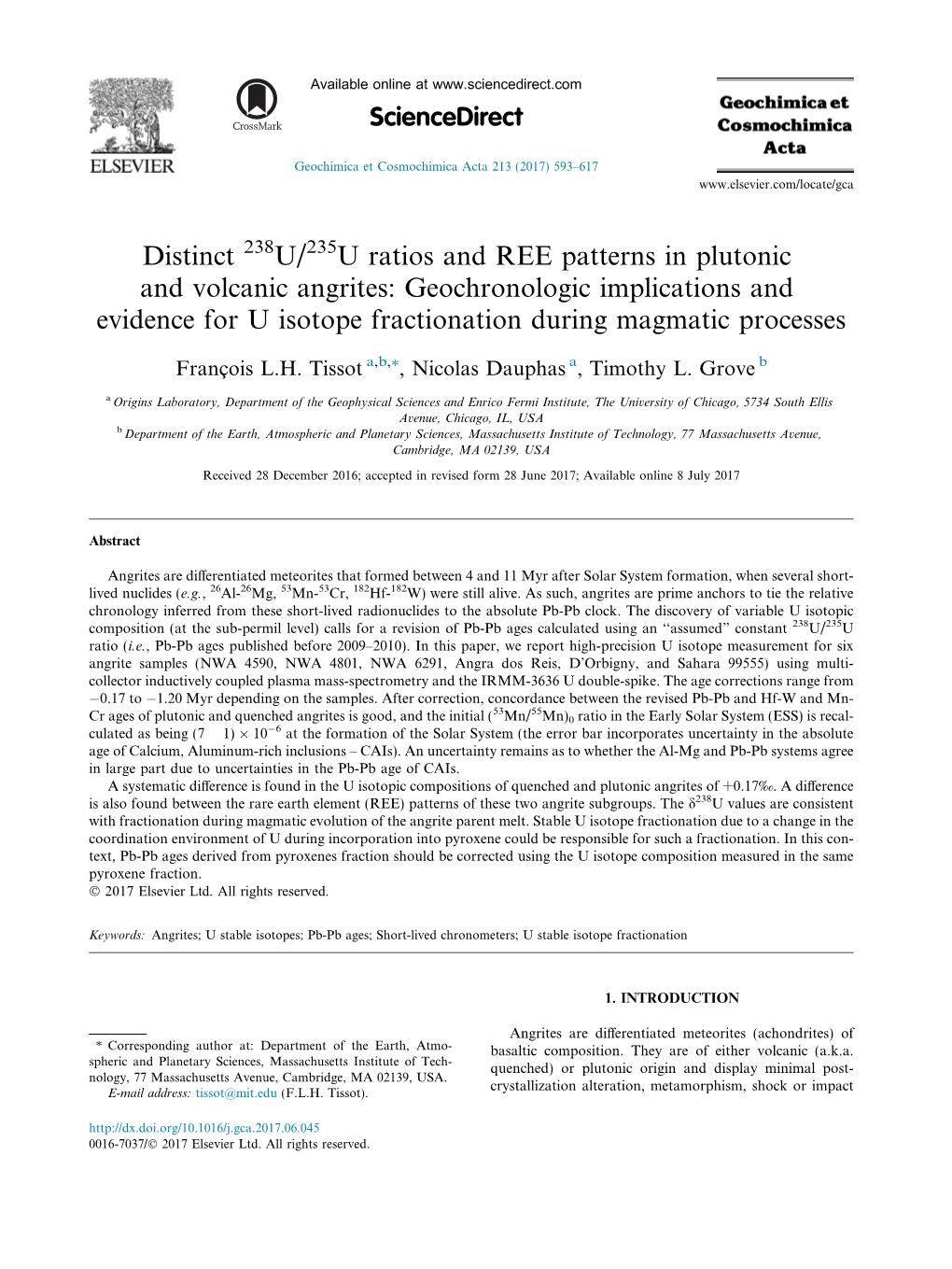 106. Distinct 238 U/ 235 U Ratios and REE Patterns in Plutonic And