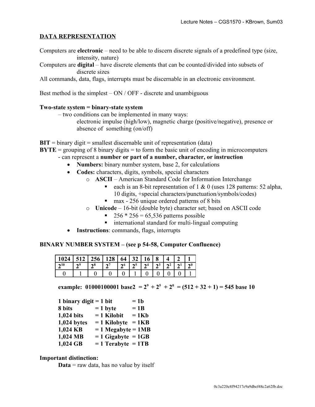 Lecture Notes CGS1570 - Kbrown, Sum03