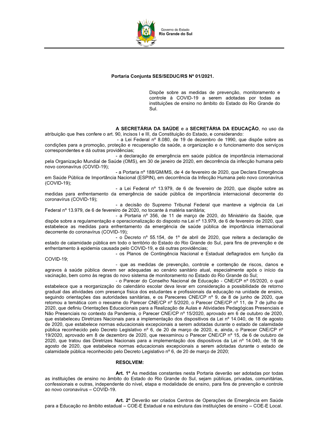 Portaria Conjunta SES-SEDUC-RS Nº 01/2021