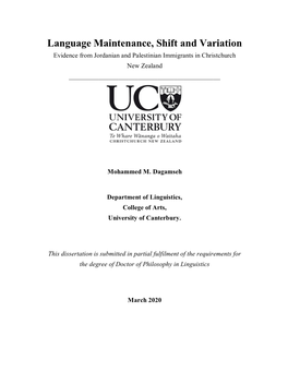 Language Maintenance, Shift and Variation Evidence from Jordanian and Palestinian Immigrants in Christchurch New Zealand ______