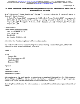 Lichtenberg Et Al. 1 the Medial Orbitofrontal Cortex