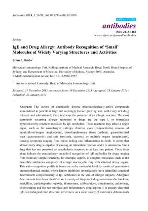Ige and Drug Allergy: Antibody Recognition of 'Small' Molecules of Widely Varying Structures and Activities