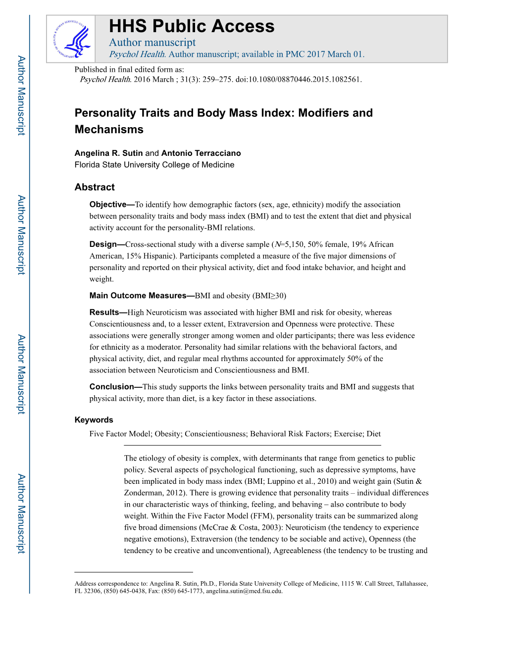 Personality Traits and Body Mass Index: Modifiers and Mechanisms