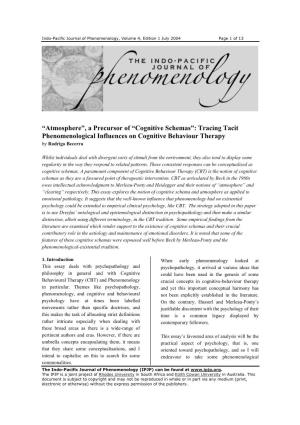 “Atmosphere”, a Precursor of “Cognitive Schemas”: Tracing Tacit Phenomenological Influences on Cognitive Behaviour Therapy by Rodrigo Becerra