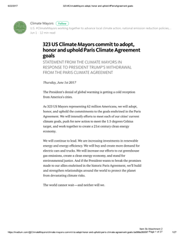 323 US Climate Mayors Commit to Adopt, Honor and Uphold Paris