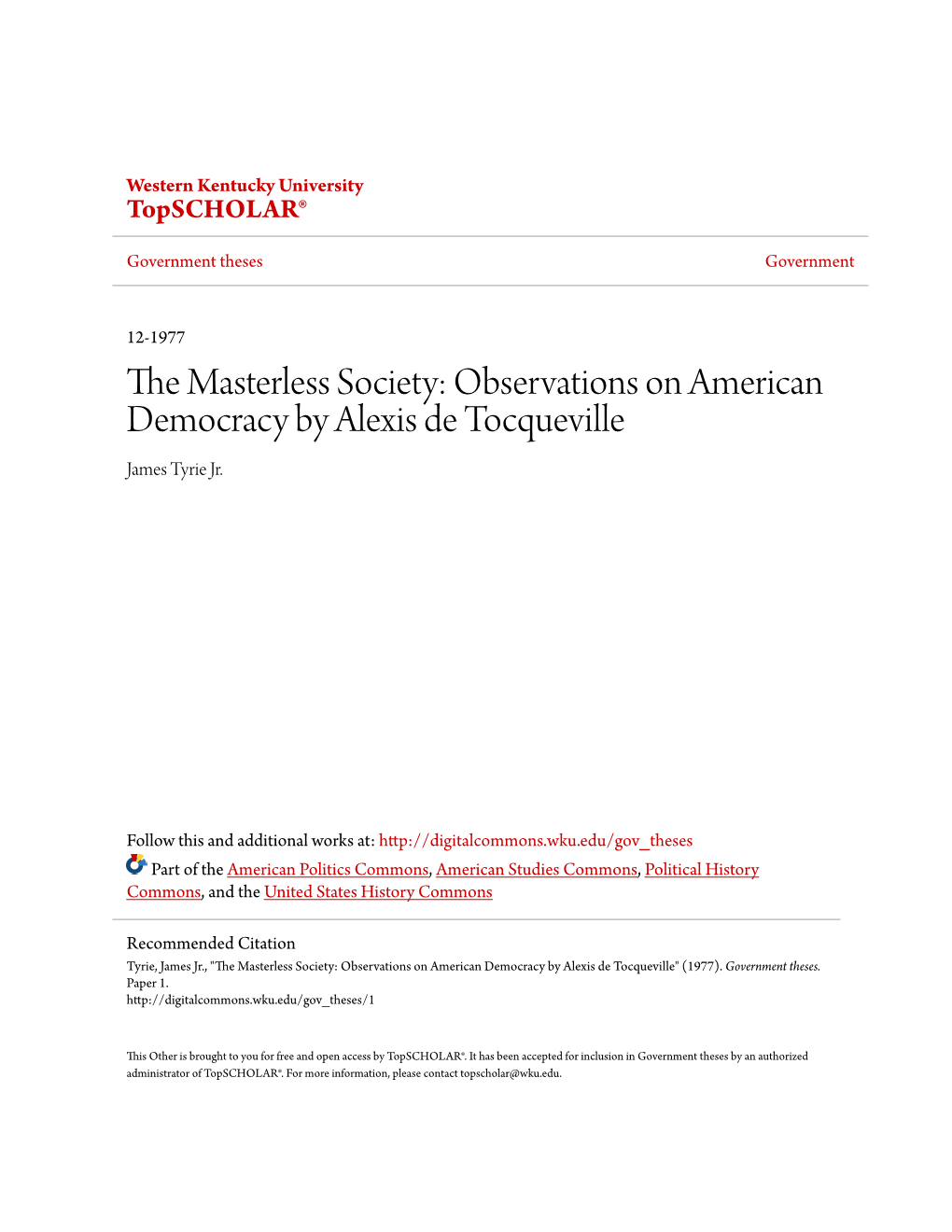 Observations on American Democracy by Alexis De Tocqueville James Tyrie Jr