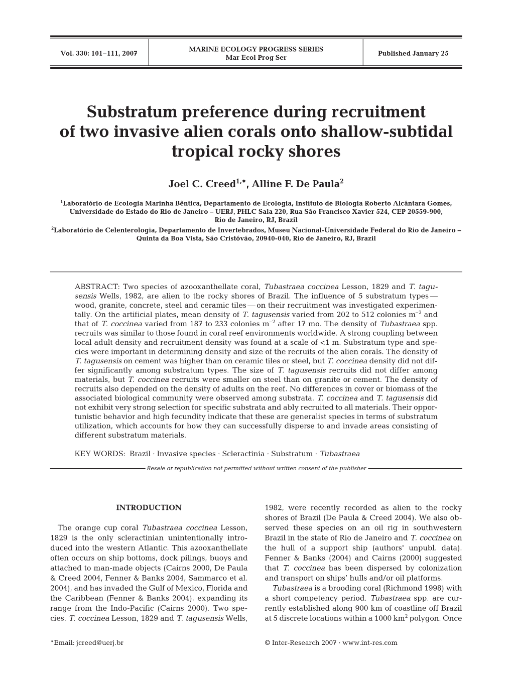 Substratum Preference During Recruitment of Two Invasive Alien Corals Onto Shallow-Subtidal Tropical Rocky Shores