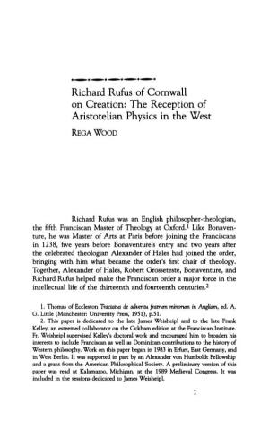 Richard Rufus of Cornwall on Creation: the Reception of Aristotelian Physics in the West