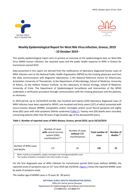 Weekly Epidemiological Report for West Nile Virus Infection, Greece, 2019 - 10 October 2019 - 1