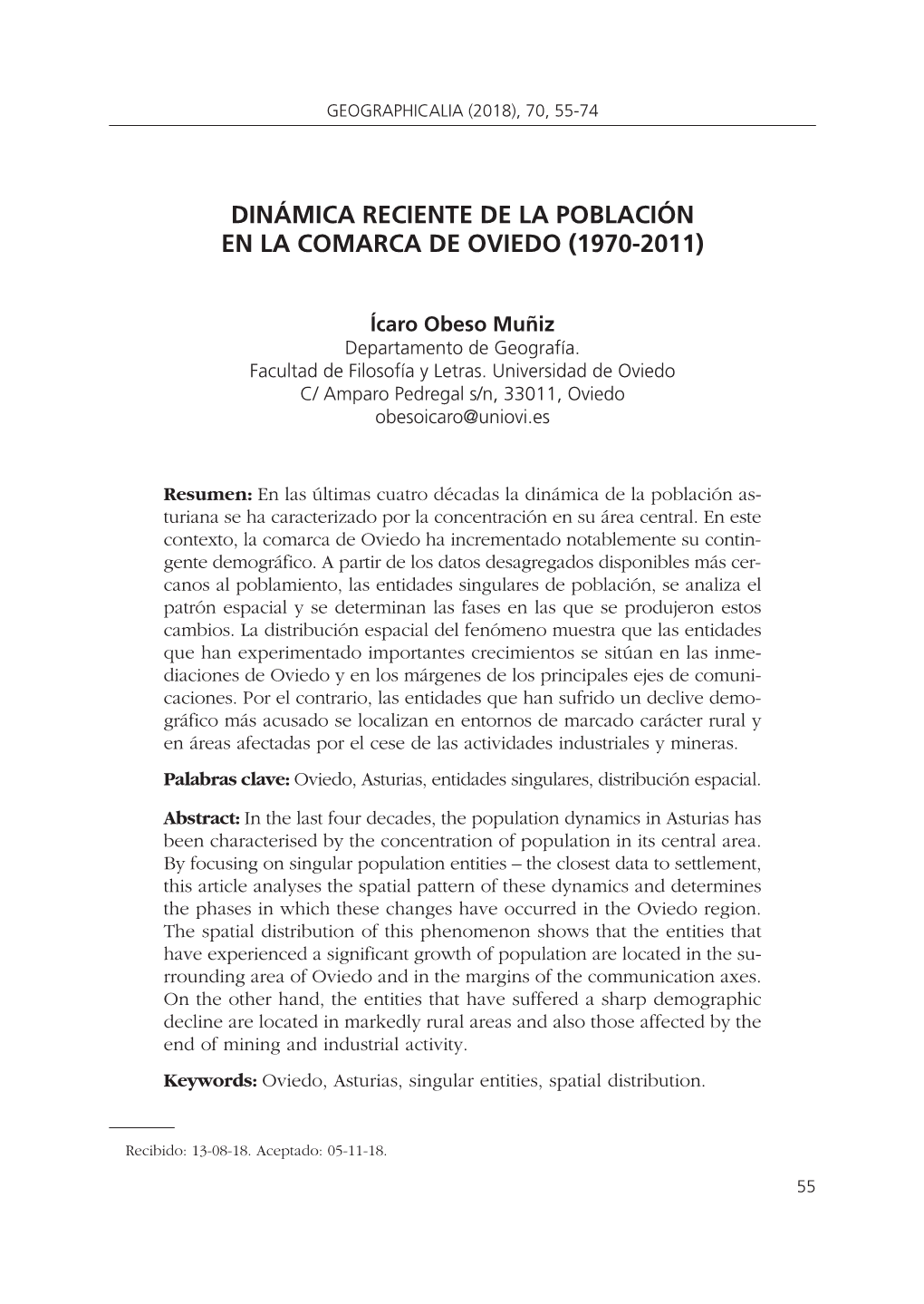 Dinámica Reciente De La Población En La Comarca De Oviedo (1970-2011)