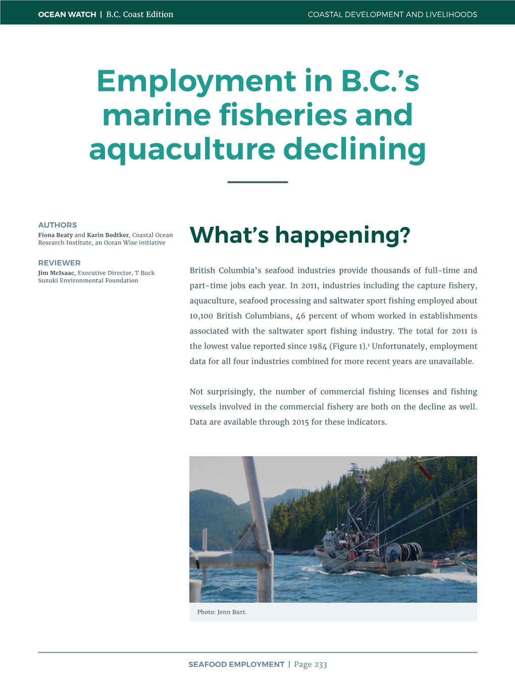 Employment in B.C.'S Marine Fisheries and Aquaculture Declining