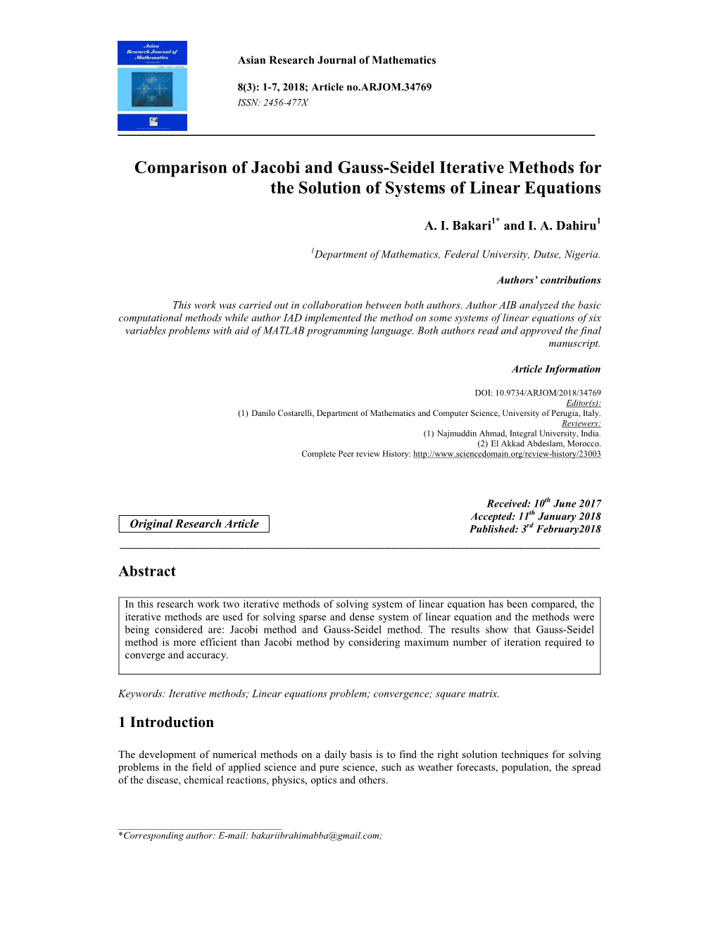 Comparison of Jacobi and Gauss-Seidel Iterative Methods for the Solution of Systems of Linear Equations