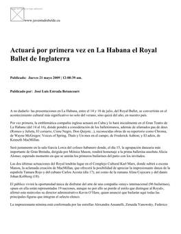 Actuará Por Primera Vez En La Habana El Royal Ballet De Inglaterra