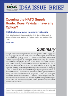 Opening the NATO Supply Route: Does Pakistan Have Any Option? G Balachandran and Smruti S Pattanaik