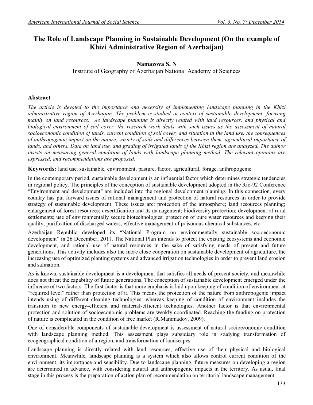 The Role of Landscape Planning in Sustainable Development (On the Example of Khizi Administrative Region of Azerbaijan)