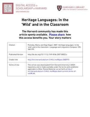 Heritage Languages: in the 'Wild' and in the Classroom