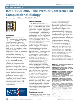 ISMB/ECCB 2007: the Premier Conference on Computational Biology Thomas Lengauer, B