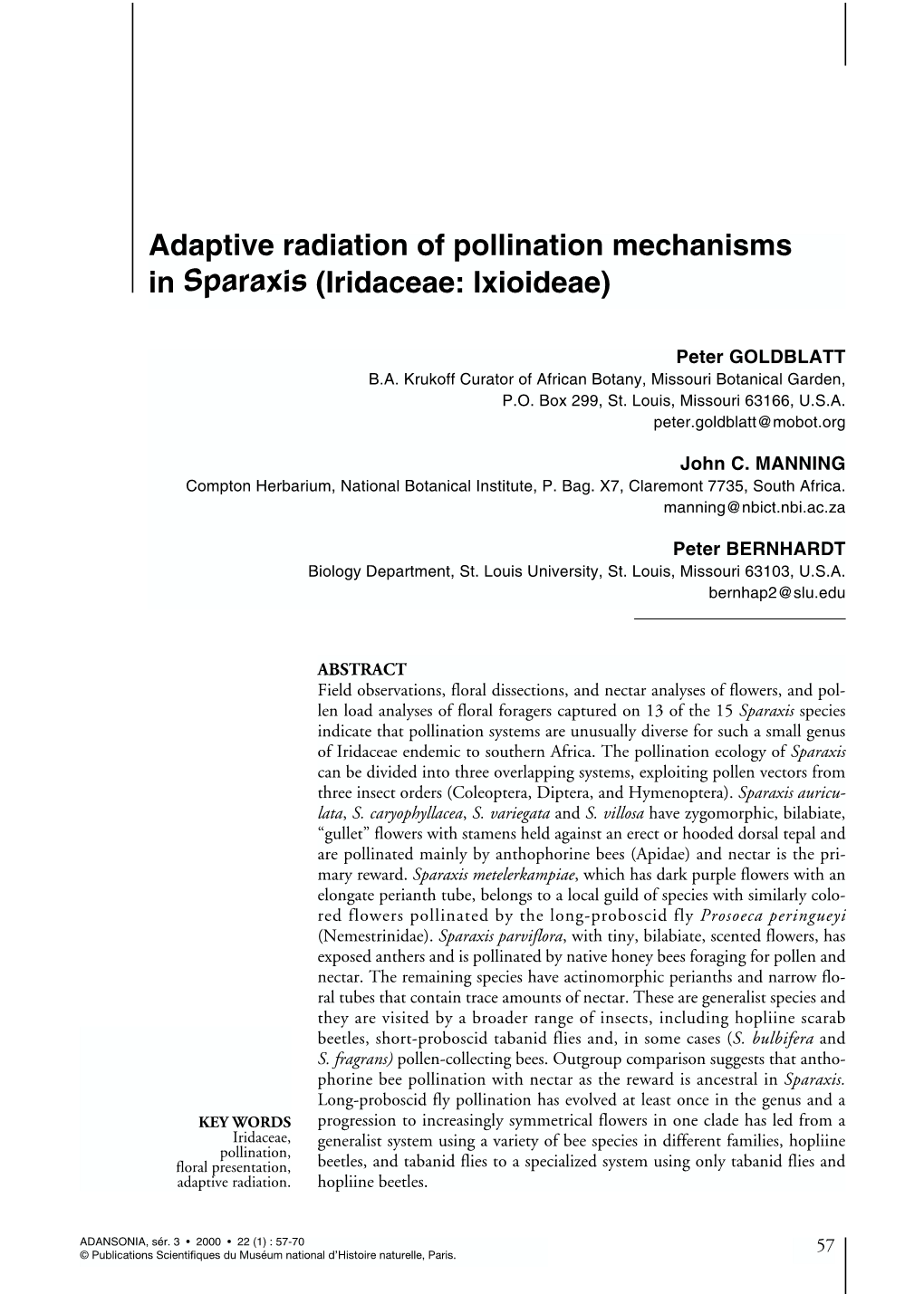 Adaptive Radiation of Pollination Mechanisms in Sparaxis (Iridaceae: Ixioideae)