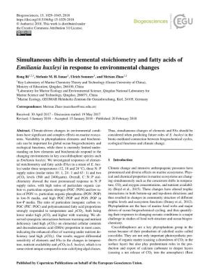 Simultaneous Shifts in Elemental Stoichiometry and Fatty Acids of Emiliania Huxleyi in Response to Environmental Changes