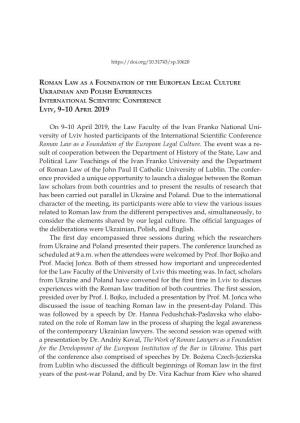 Roman Law As a Foundation of the European Legal Culture Ukrainian and Polish Experiences International Scientific Conference Lviv, 9–10 April 2019