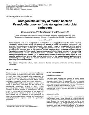 Antagonistic Activity of Marine Bacteria Pseudoalteromonas Tunicata Against Microbial Pathogens