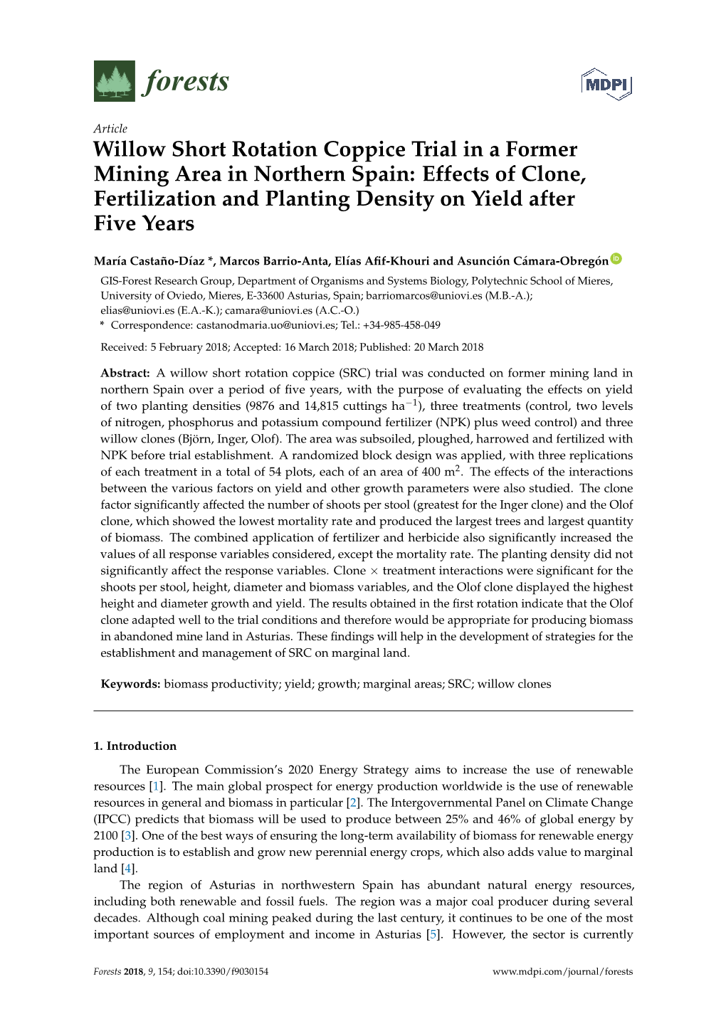 Willow Short Rotation Coppice Trial in a Former Mining Area in Northern Spain: Effects of Clone, Fertilization and Planting Density on Yield After Five Years