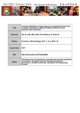 Common Distribution of Gad Operon in Lactobacillus Brevis and Its Gada Contributes to Efficient GABA Synthesis Toward Cytosolic