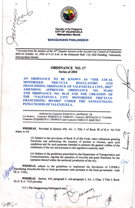 Motorized Tricycle Regulatory and Franchising Ordinance of Valenzuela City, 2002" Amending Approved Ordinance No