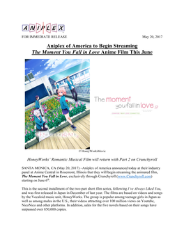 Aniplex of America to Begin Streaming the Moment You Fall in Love Anime Film This June