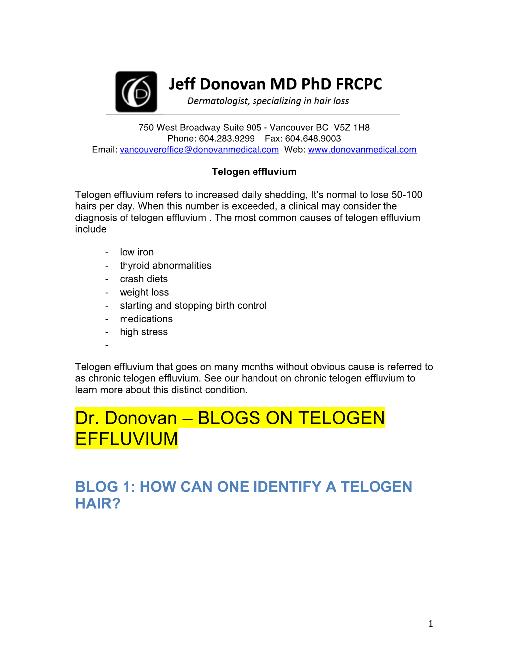 Dr. Donovan – BLOGS on TELOGEN EFFLUVIUM