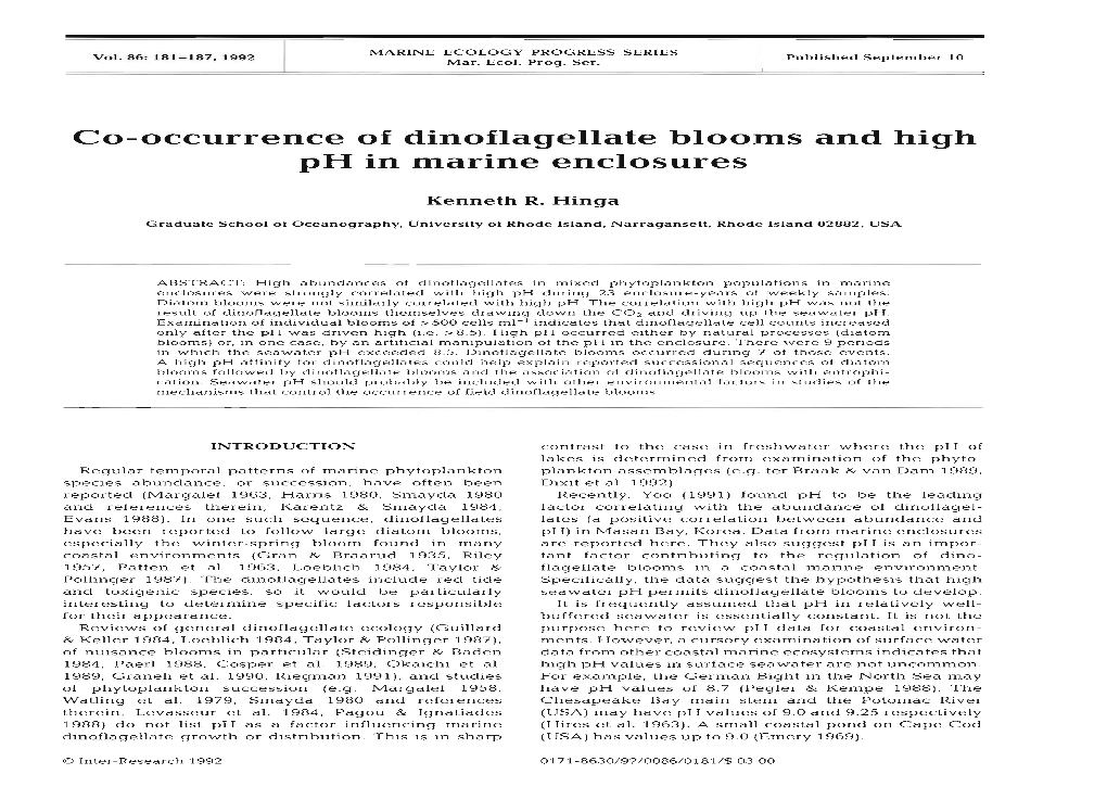 CO-Occurrence of Dinoflagellate Blooms and High Ph in Marine Enclosures