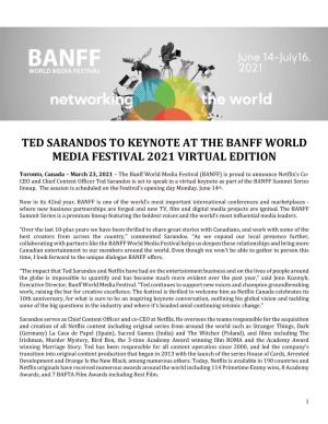 Ted Sarandos to Keynote at the Banff World Media Festival 2021 Virtual Edition