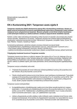 EK:N Kuntaranking 2021: Tampereen Seutu Sijalla 8