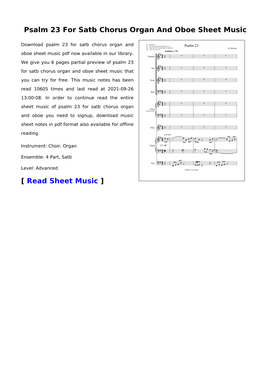 Psalm 23 for Satb Chorus Organ and Oboe Sheet Music