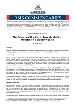 RSIS COMMENTARIES RSIS Commentaries Are Intended to Provide Timely And, Where Appropriate, Policy Relevant Background and Analysis of Contemporary Developments