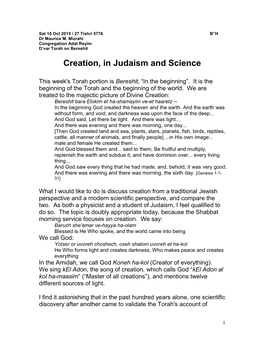 Creation, in Judaism and Science (Bereshit)