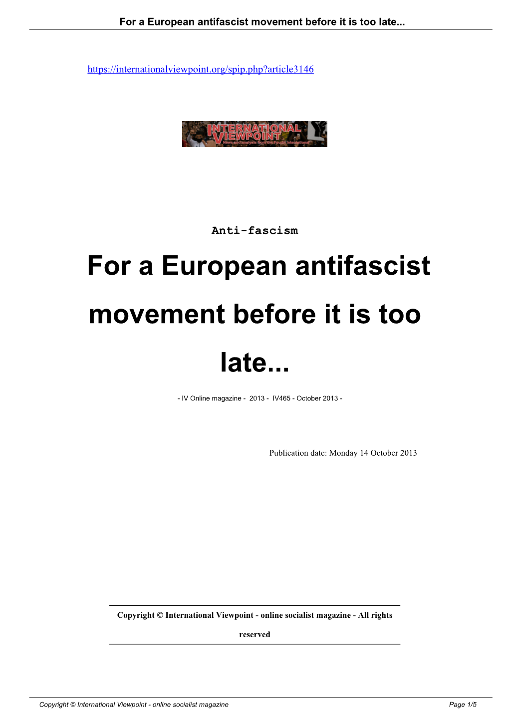 For a European Antifascist Movement Before It Is Too Late