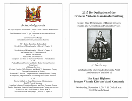 Acknowledgements 2017 Re-Dedication of the Princess