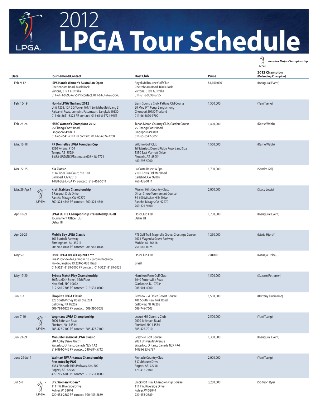 2012 Champion Date Tournament/Contact Host Club Purse (Defending Champion) Feb