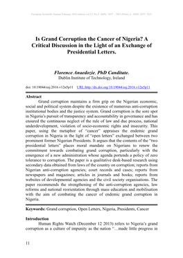 Is Grand Corruption the Cancer of Nigeria? a Critical Discussion in the Light of an Exchange of Presidential Letters