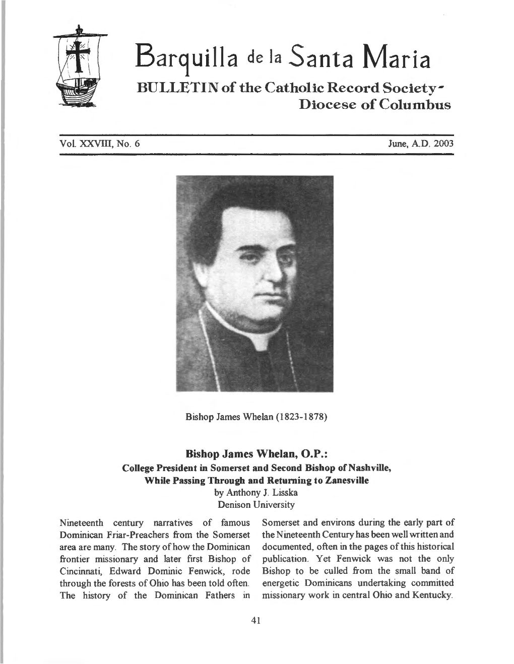 Barquilla De Ia Santa Maria BULLETIN of the Catholic Record Society­ Diocese of Columbus