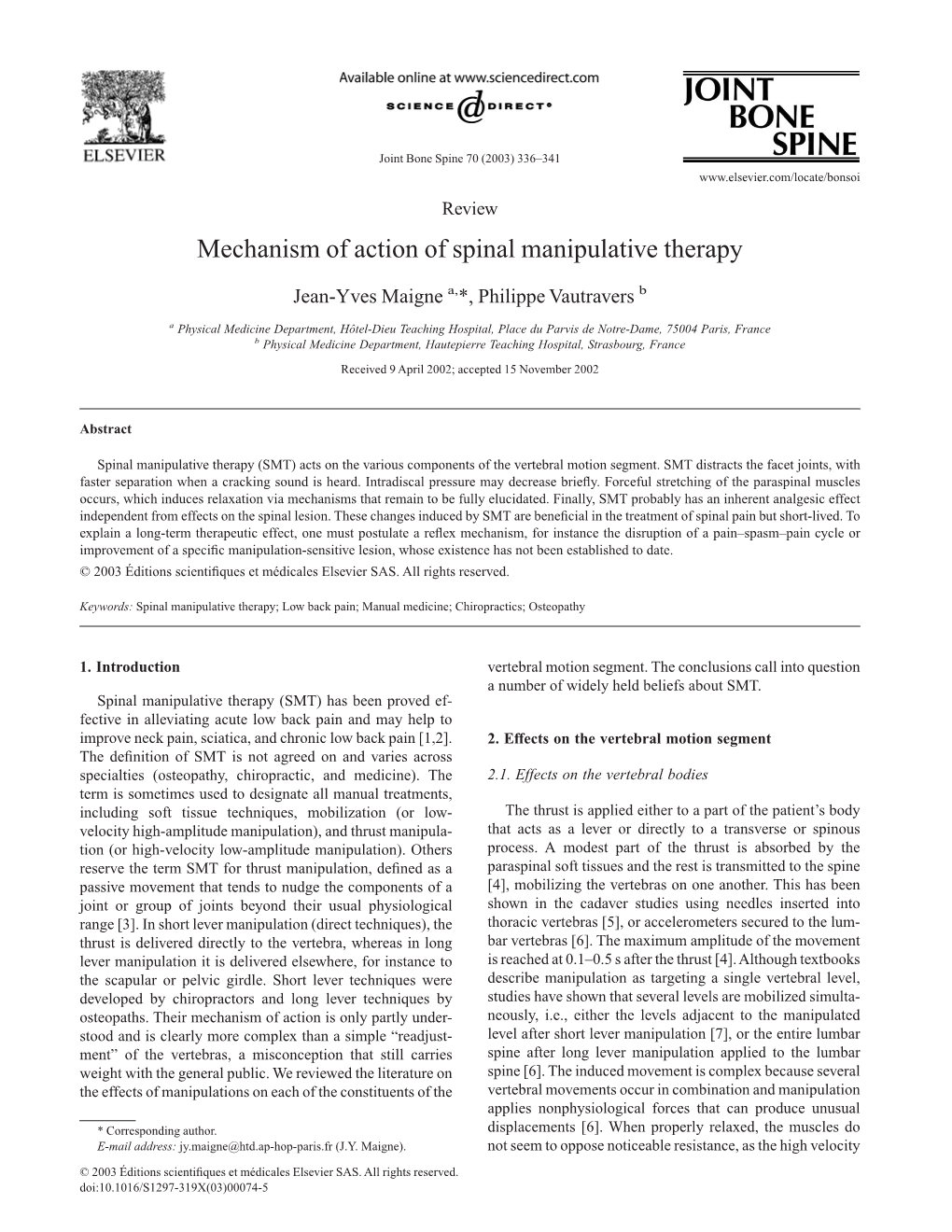 Mechanism of Action of Spinal Manipulative Therapy