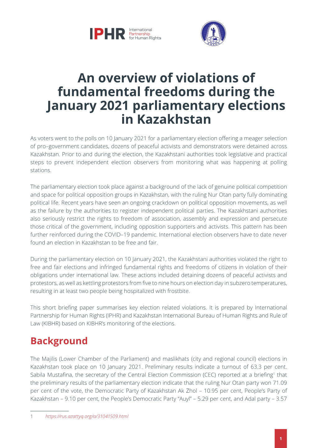 An Overview of Violations of Fundamental Freedoms During the January 2021 Parliamentary Elections in Kazakhstan