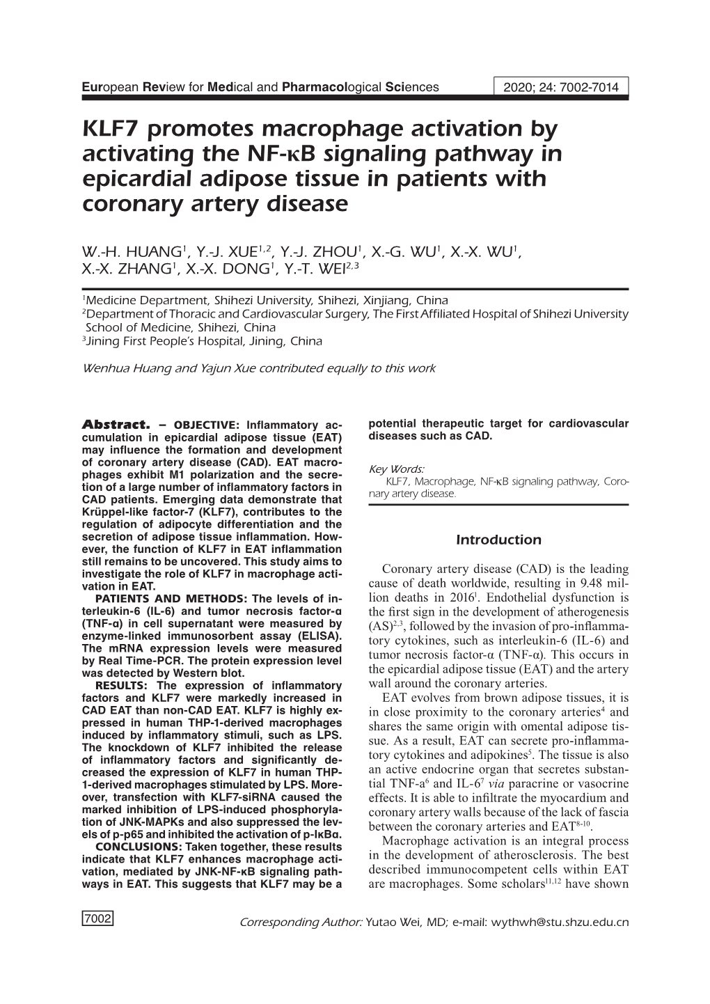 KLF7 Promotes Macrophage Activation by Activating the NF-Κb Signaling Pathway in Epicardial Adipose Tissue in Patients with Coronary Artery Disease