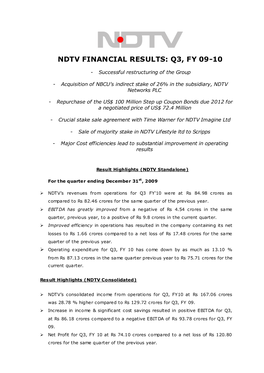 Ndtv Financial Results: Q3, Fy 09-10