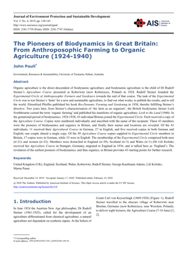 The Pioneers of Biodynamics in Great Britain: from Anthroposophic Farming to Organic Agriculture (1924-1940)