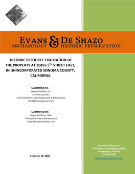 Historic Resource Evaluation of the Property at 20455 5Th Street East, in Unincorporated Sonoma County, California