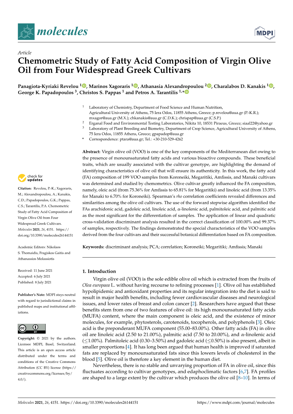 Chemometric Study of Fatty Acid Composition of Virgin Olive Oil from Four Widespread Greek Cultivars