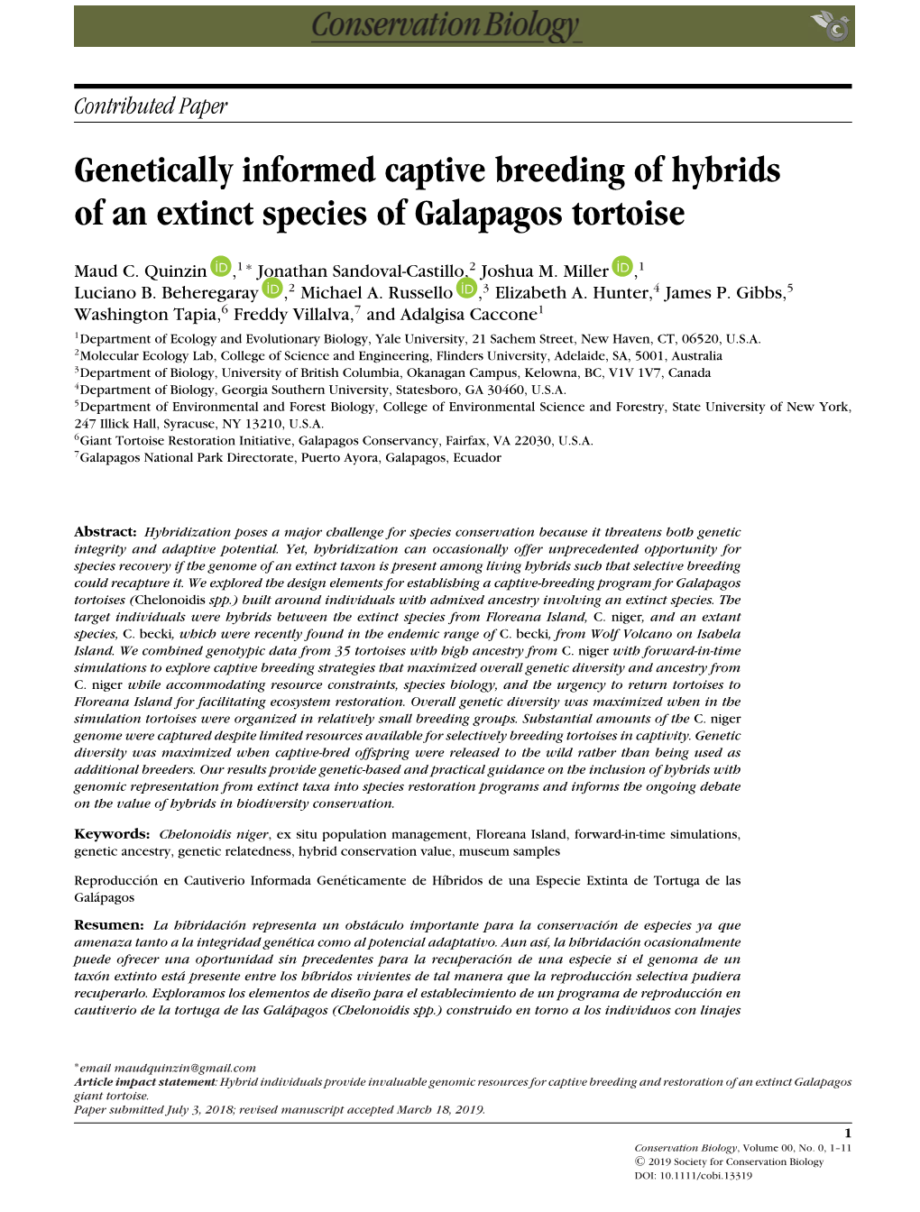 Genetically Informed Captive Breeding of Hybrids of an Extinct Species of Galapagos Tortoise